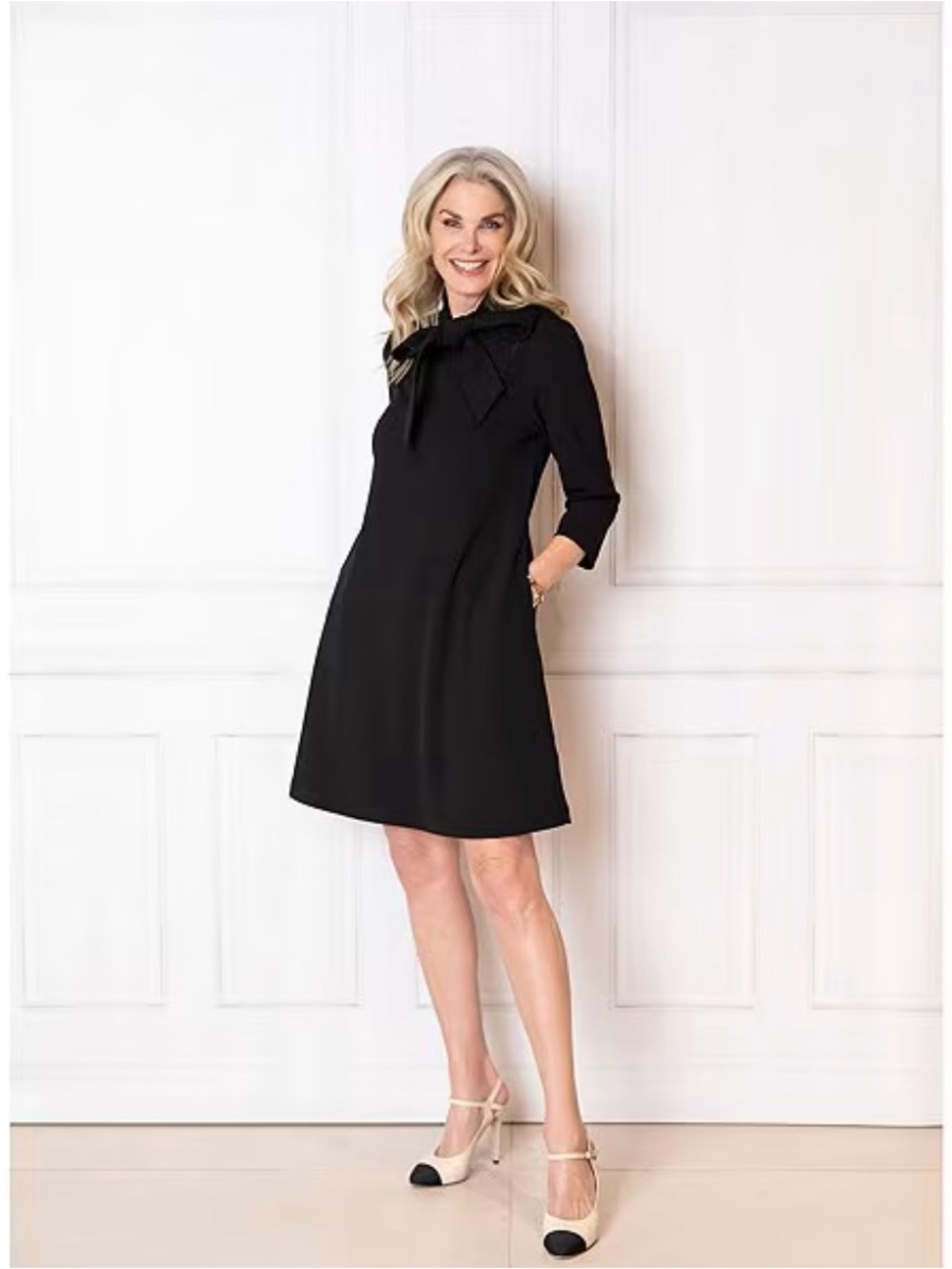 Ming Wang x Tanya Foster Stretch Deco Crepe Tie-Neck Tent Dress